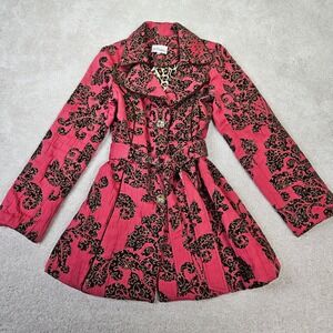 3 Sisters Y2K Pink Black Baroque Pattern Belted Lined Trench Coat Women's Size S